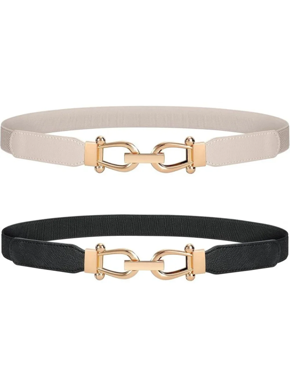 Women's Black Beige Retro Elastic Stretch Adjustable Belt 2-Pcs With Gold Buckle